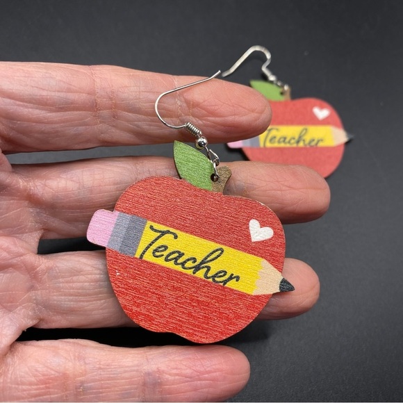 Teacher Red Apple Yellow Pencil Wood Earrings - Picture 4 of 5